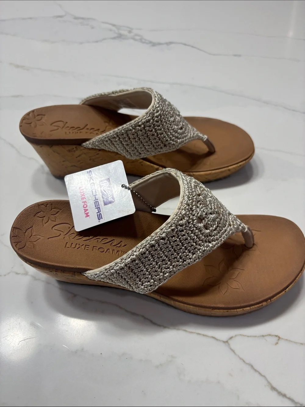 Skechers Silver Beaded Cork-Look Wedge Thong Sandals